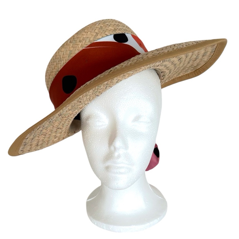 Tirabasso Italy Straw Wide Brim Hat w/ Multicolor Polka Dot Scarf Tie